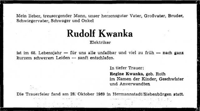 Kwanka Rudolf 1902-1969 Todesanzeige